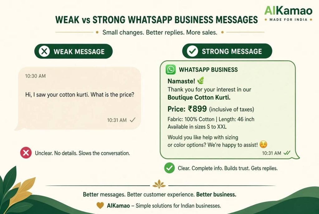 Weak vs strong WhatsApp Business message example