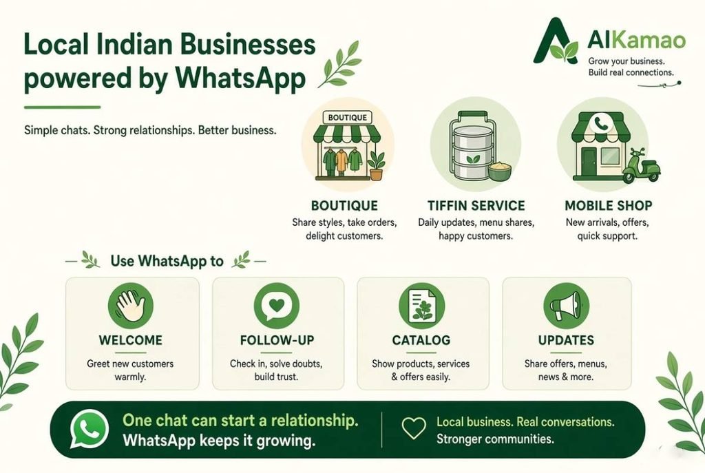 Local business WhatsApp welcome follow-up catalog messages