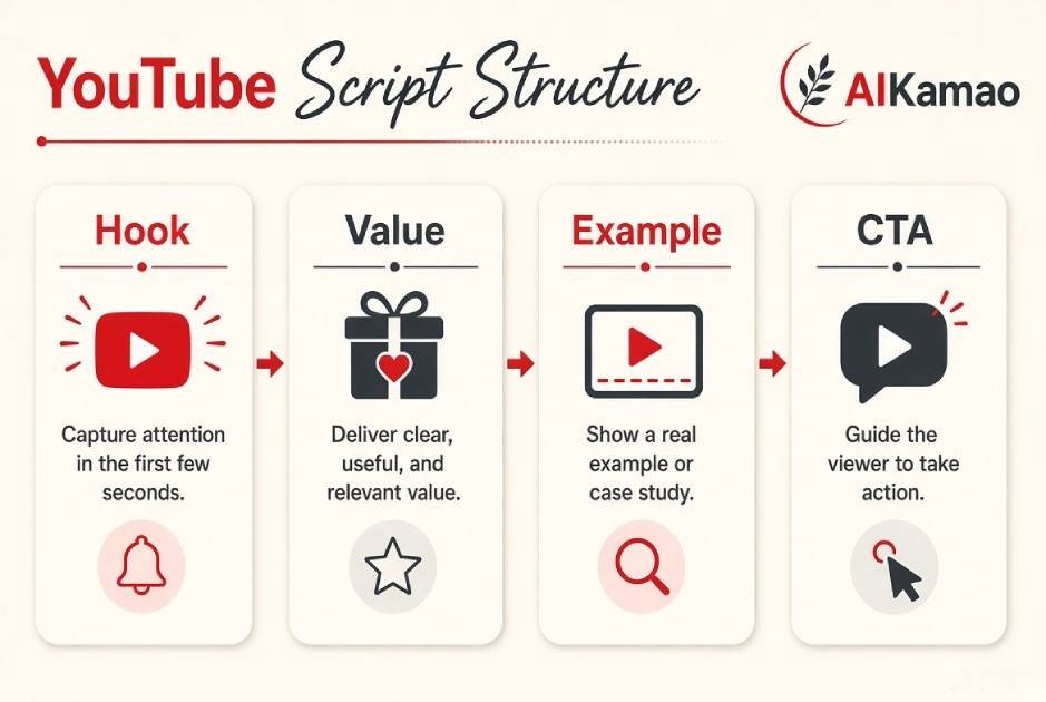 YouTube script structure Hook Value Example CTA